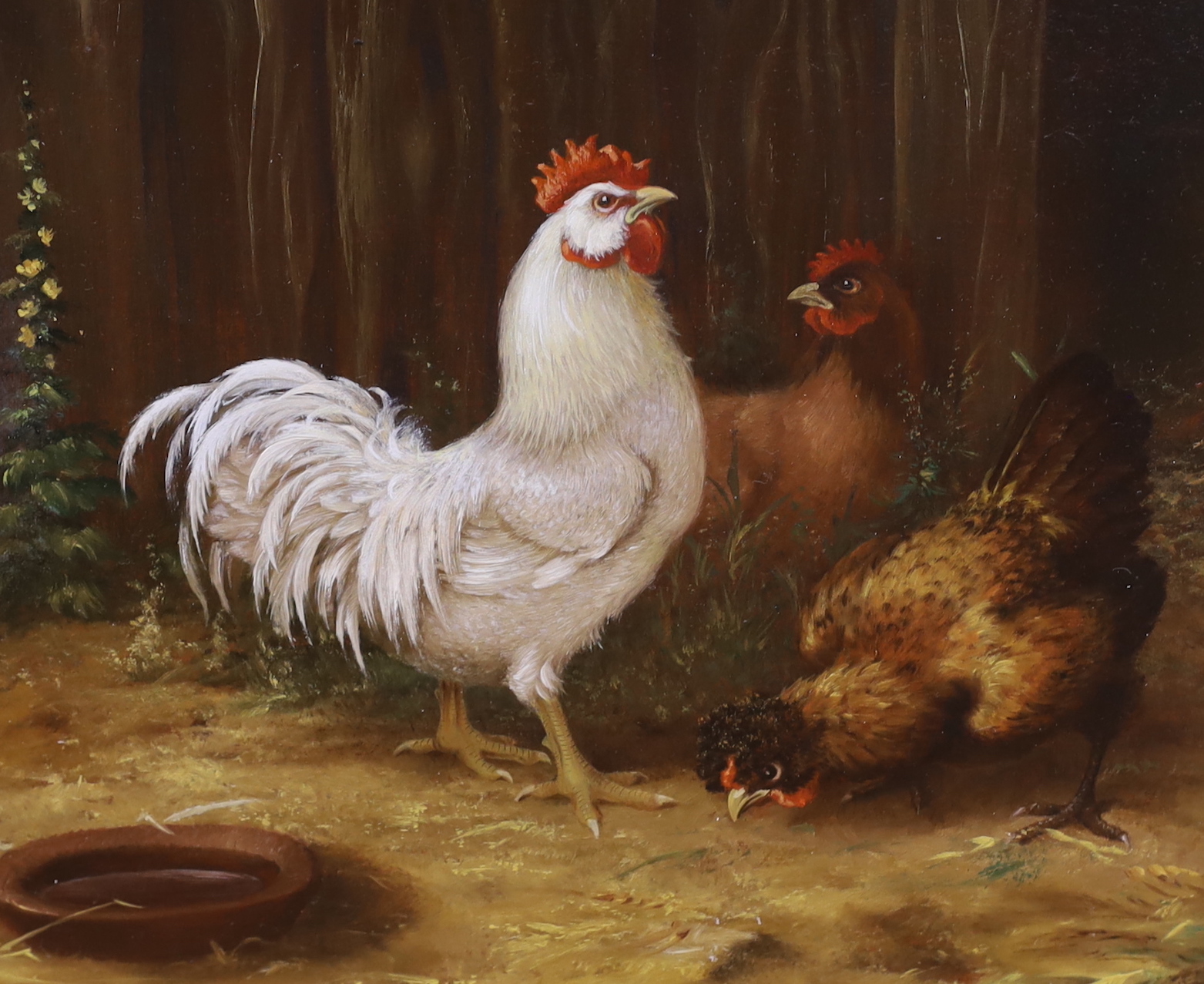 Anna Kerekes (1928), decorative oil on board, Study of chickens, signed, 19 x 23cm, ornate gilt framed